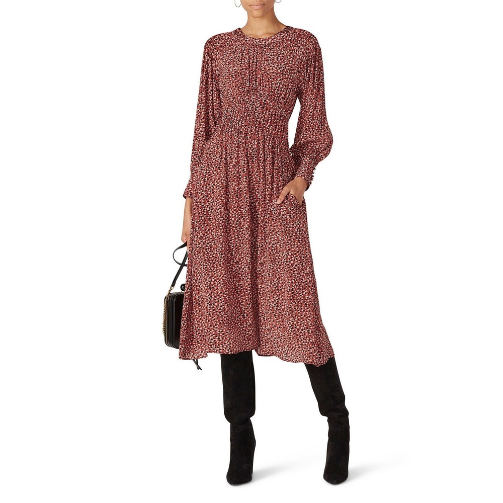 BB Dakota‎ Wild in Style Rust Leopard Print Smocked Midi Dress Long Sleeve Small